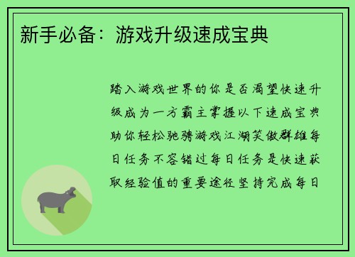 新手必备：游戏升级速成宝典